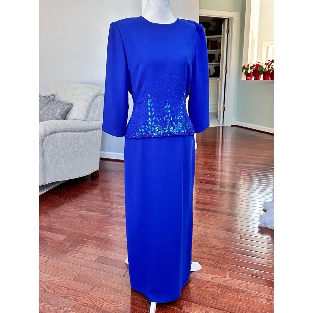Vintage Donna Morgan Blue Beaded Embellished Long Sleeve Gown Dress Size 4 - Picture 2 of 12